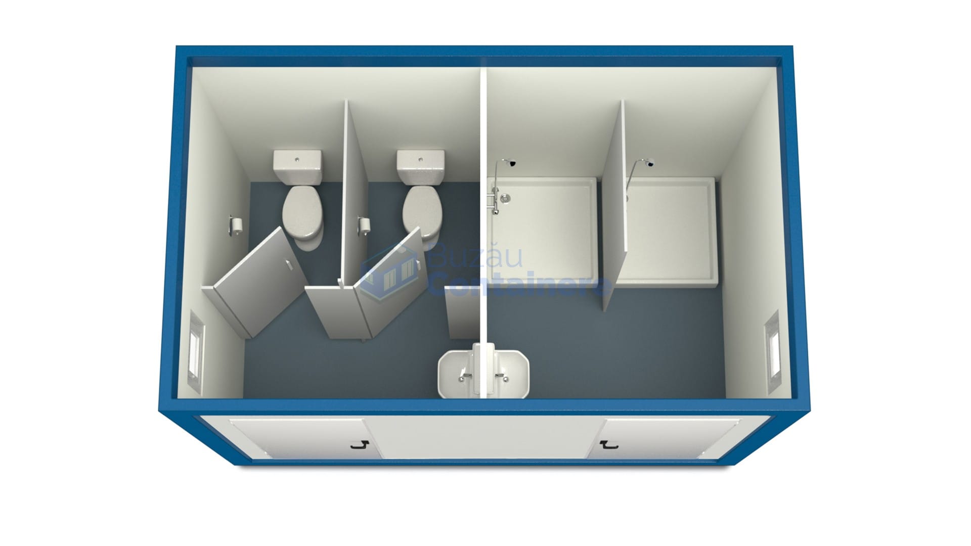 container sanitar buzau 4metri 2dusuri 2wc albastru